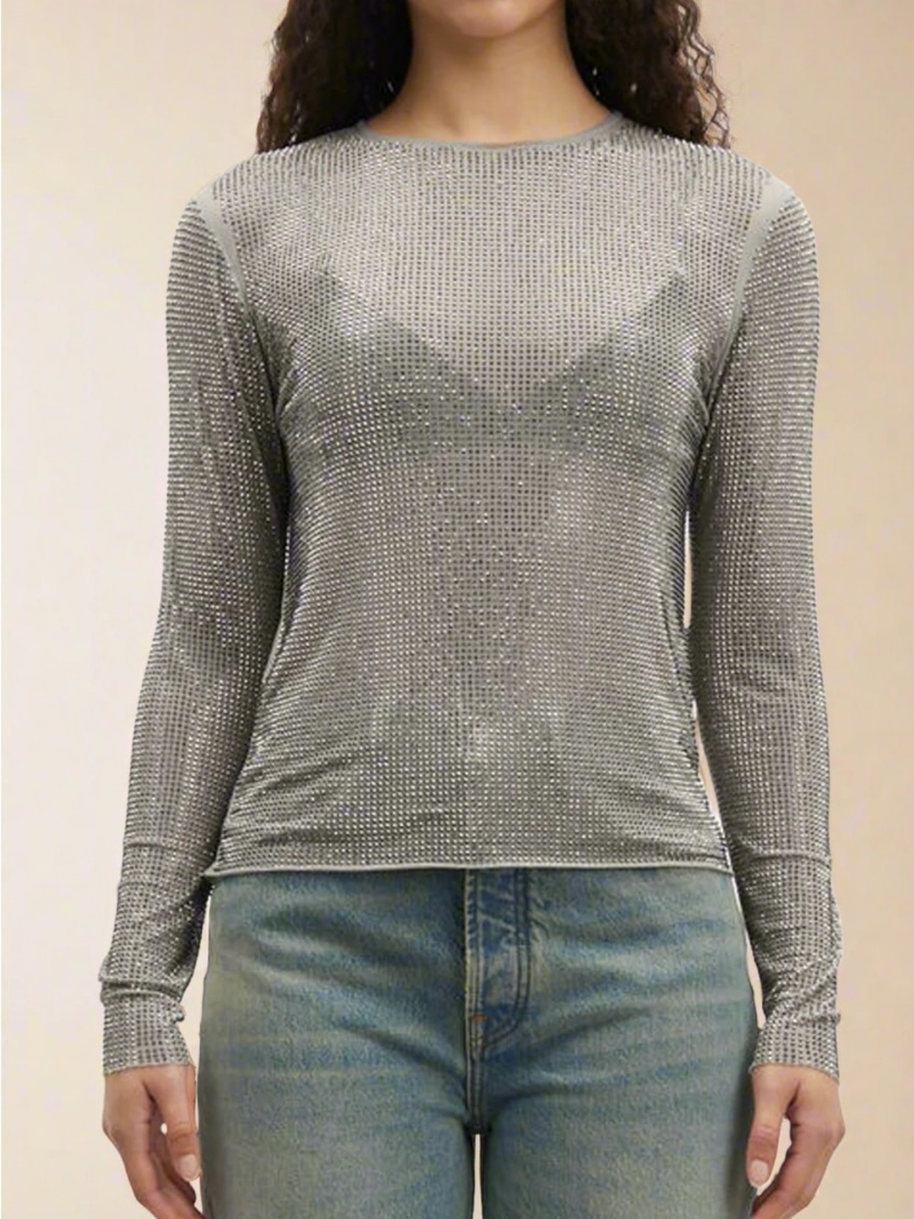 SAMSOE Silver Long-Sleeve Rhinestone Stretch Tee